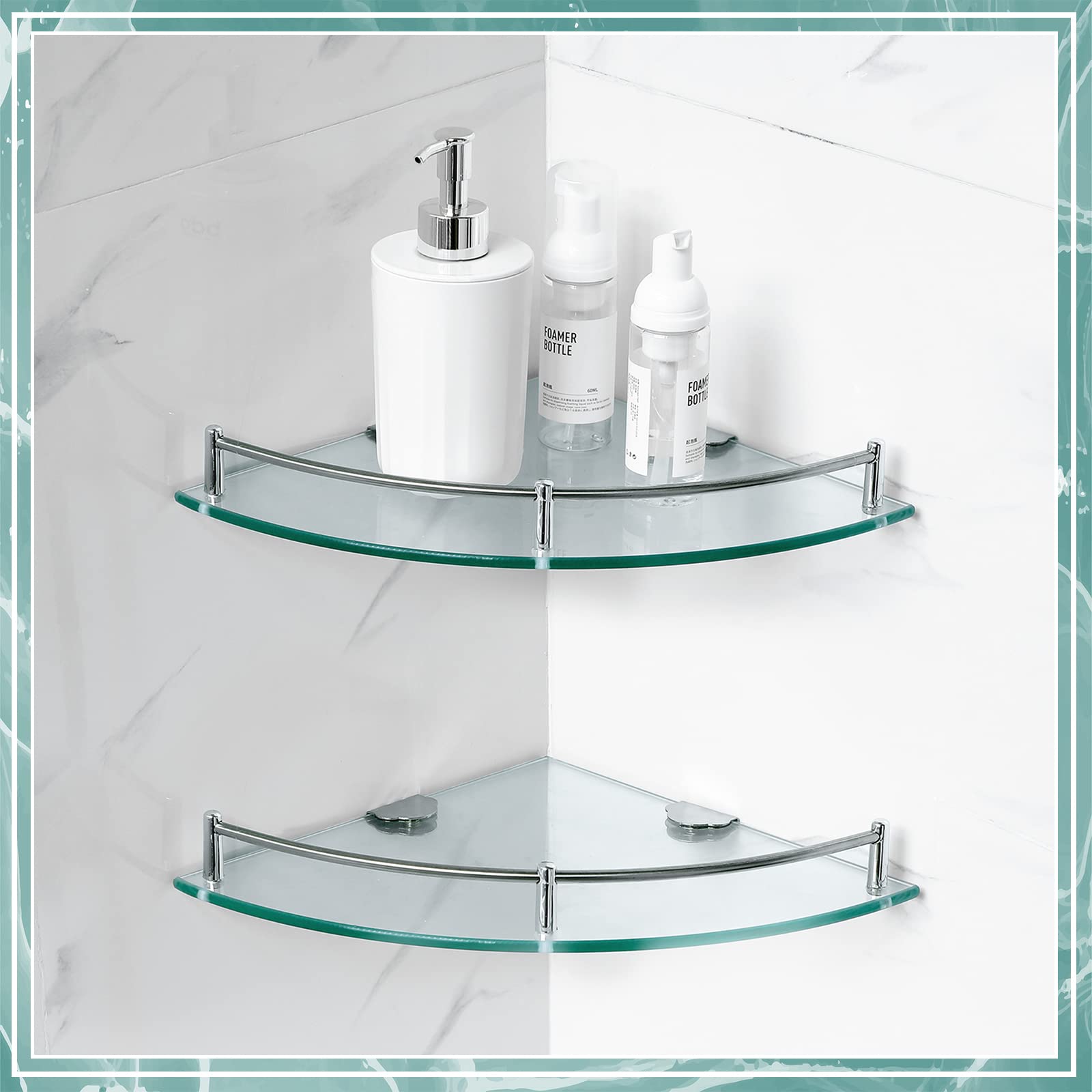 4 Pcs Corner Shower Shelf 2-Tier Glass Corner Shelf Stainless Steel Wall Mounted Corner Bathroom Organizer for Storing Bottle Shower Gel Shampoo Brush, 9.25 Inches