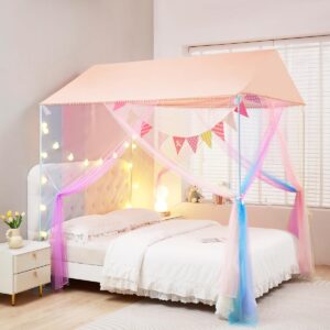 akiky girls bed canopy large playhouse with pompom princess castle indoor&outdoor play tent for kids-not include bed poles(twin,pink)