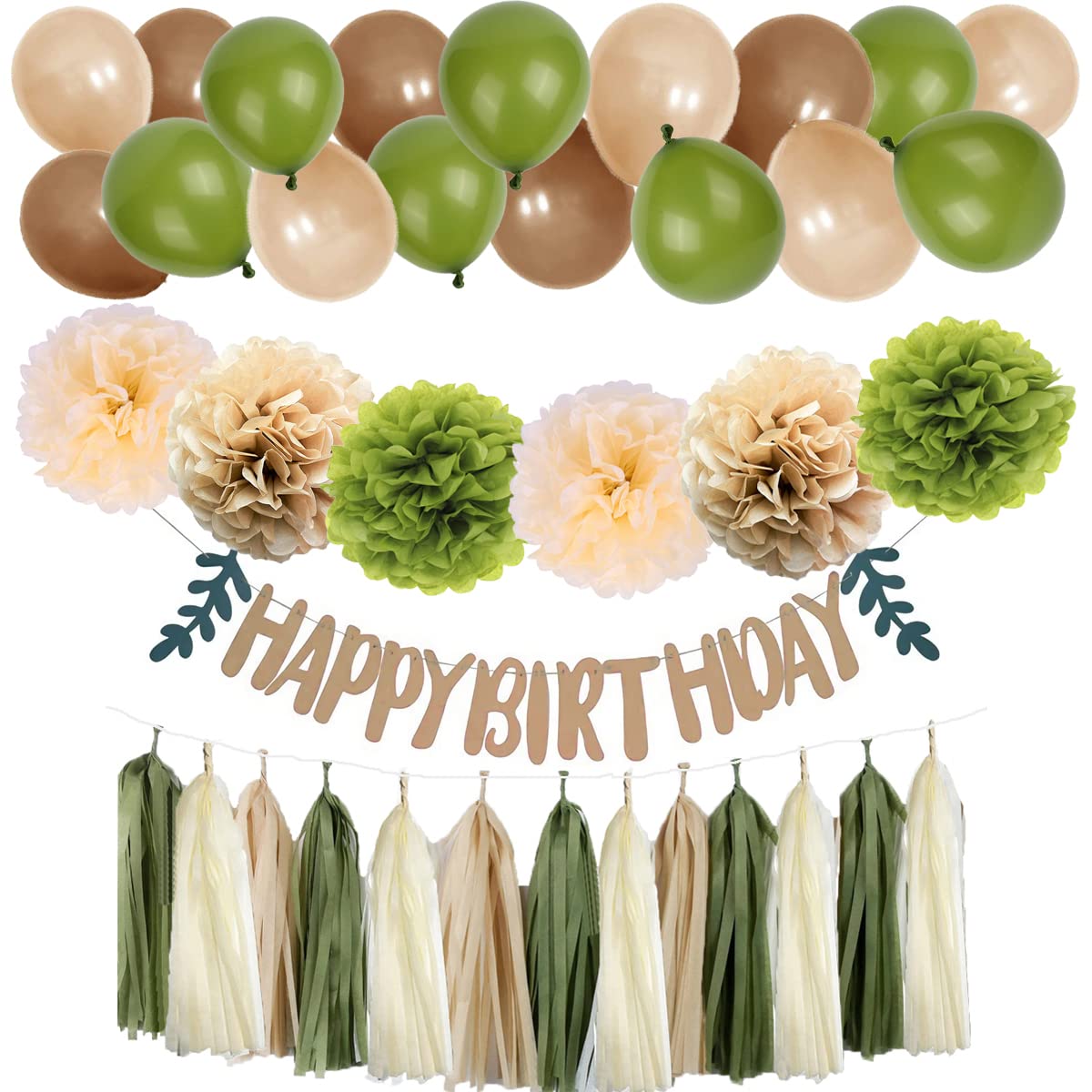 40Pcs Olive Green Tan Brown Cream Balloon Tissue Paper Pom Poms and Tassels Happy Birthday Banner for Eucalyptus Greenery Baby Shower Woodland Jungle Neutral Theme Party Decor