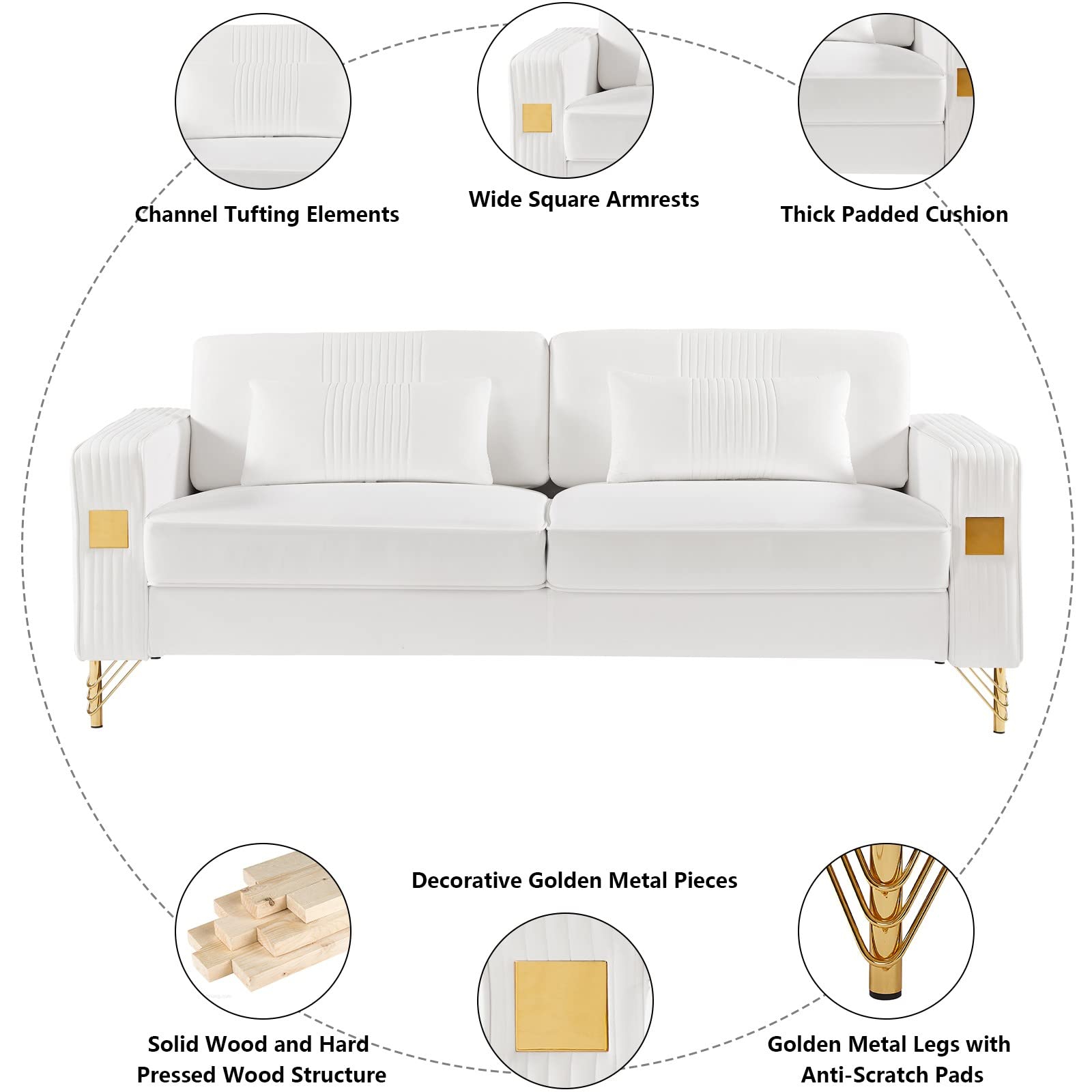 Betoko Velvet Upholstered Sofas Couches for Living Room Modern Contemporary Channel Tufted Beige 3 Seater Sofa Couch with Golden Metal Legs for Bedroom Office and Small Spaces (White)