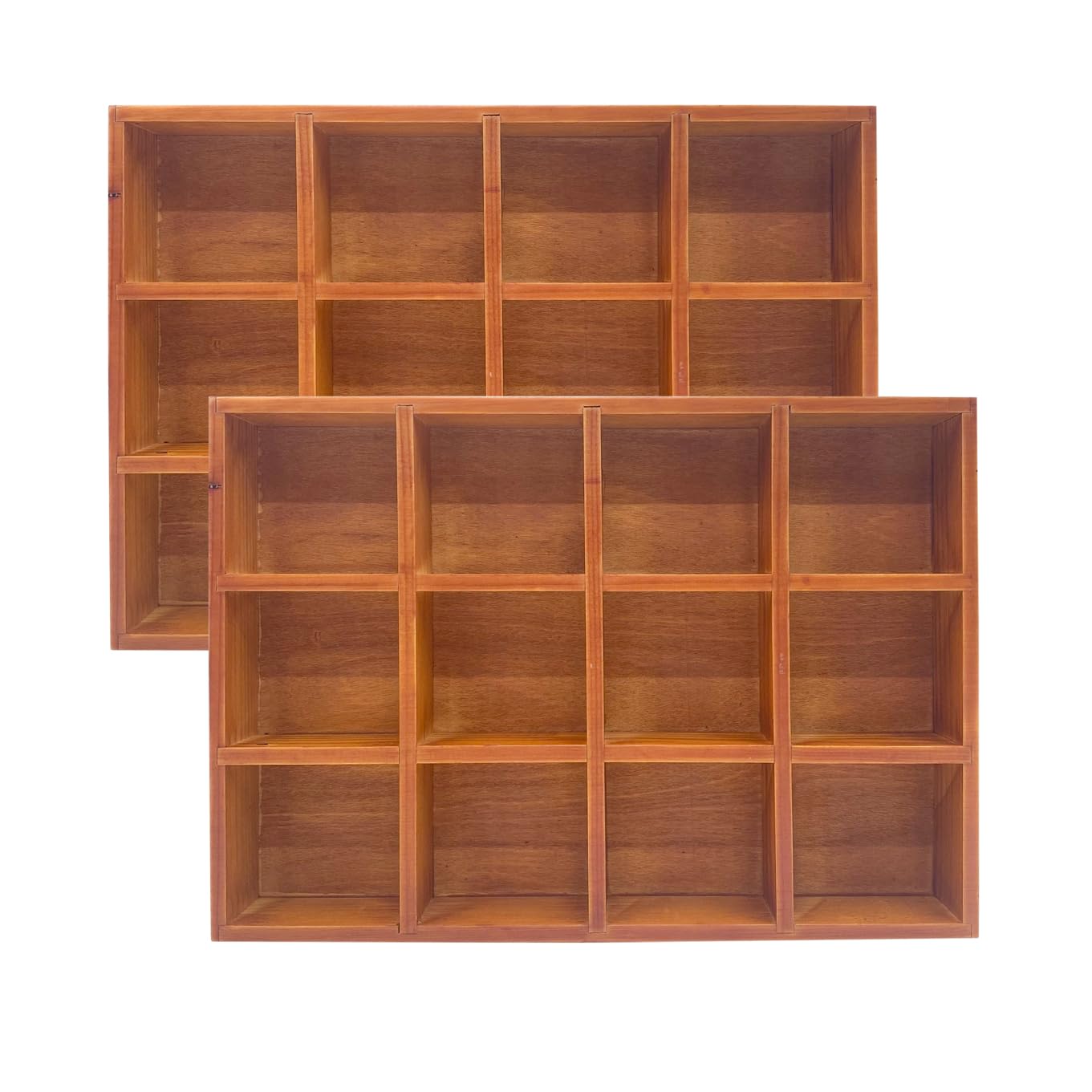 2 Pack Wooden Sorting Tray Grid Display Wood Divided Organizer Brown Finished Section Box (12 Compartments,12.9 x 9.1 x 1.55 Inch Each Tray)