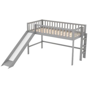 Merax Twin Wood Junior Low Loft Bed Frame with Slide Loft Bed with Full Length Guardrails for Kids Girls Boys,Gray