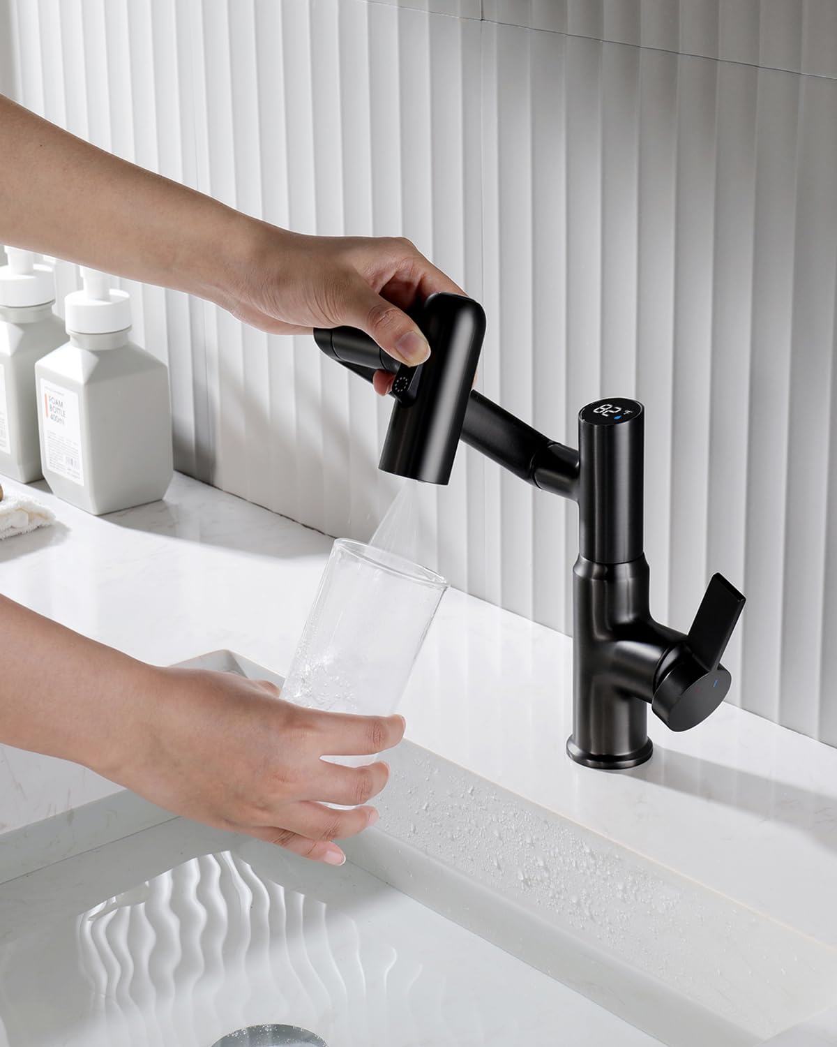 Lefton Rotatable Bathroom Faucet with Temperature Display in Fahrenheit (Batteries-Free), 3 Water Outlet Modes, Matte Black, BF2204-3