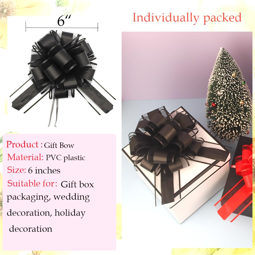 HSXJJ 6 PCS Large Pull Bows, black bows for gift wrapping,6 inches,Christmas Party Birthday Gift Wedding Ribbon Bows for Wrapping gift basket or Flower Decorations, Valentine's Day Gift Decorations