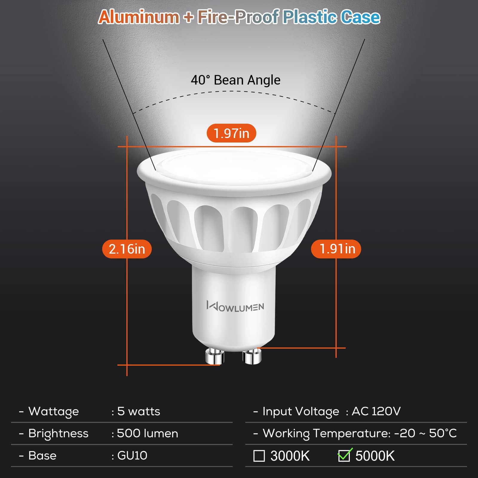 WOWLUMEN Dimmable GU10 LED Light Bulbs, 5000K Daylight MR16 GU10 Bulb Replacement for Recessed Track Lighting, 5W 500LM LED Bulbs 40° Spotlight for Kitchen, Range Hood, Living Room, Bedroom, 6 Pack