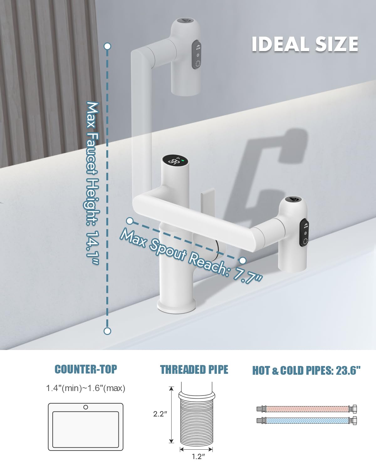 Lefton Rotatable Bathroom Faucet with Temperature Display in Fahrenheit (Batteries-Free), 3 Water Outlet Modes, White, BF2204-4