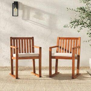 Walker Edison Tahnee Modern Solid Wood Slat-Back Cushioned Patio Dining Chairs, Set of 2, Brown