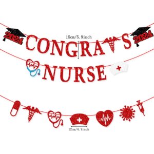 Nurse Graduation Party Decoration,2024 Glitter Red Nurses' Day Congrats Nurse Banner Nurses & Doctors Theme Garland Cake Cupcake Toppers for Nurses Week Nurses Day RN Graduation Party Supplies