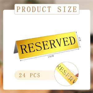 Peryiter Metal Reserved Table Signs Reserved Sign Reserved Desk Signs Double Sided Table Stand Tents Sign Reserved Seating Signs for Wedding Restaurant Ceremony, 5.91 x 3.15 Inch(Gold, 24 Pcs)