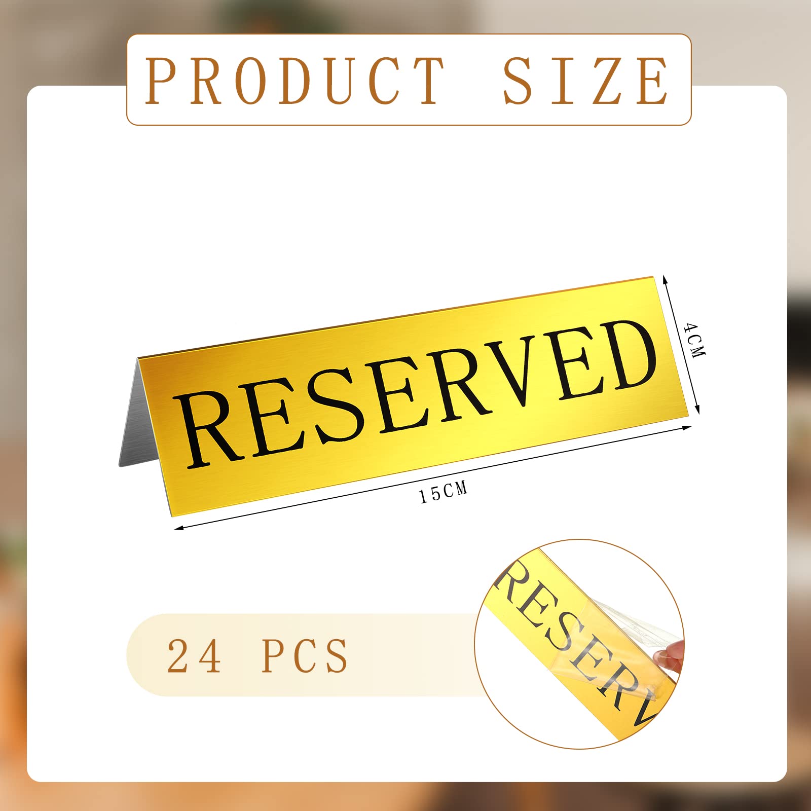 Peryiter Metal Reserved Table Signs Reserved Sign Reserved Desk Signs Double Sided Table Stand Tents Sign Reserved Seating Signs for Wedding Restaurant Ceremony, 5.91 x 3.15 Inch(Gold, 24 Pcs)