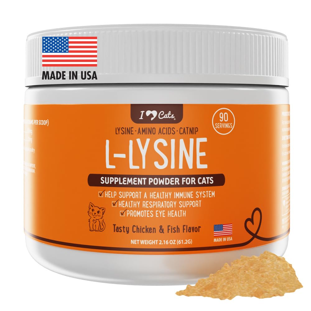 iHeartCats L-Lysine for Cats - Immune & Respiratory Supplement for Cats - Cat Sneezing & Runny Nose Relief - L-Lysine Powder with Cat Nip - Chicken & Salmon Flavor