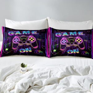 Gaming Bedding Set Gamer Neon Purple Pink Comforter Cover for Kids Boys Girls Hippie Graffiti Game Room Decor Duvet Cover Breathable Modern Gamepad Bedspread Cover Room Decor Bedclothes Full Size