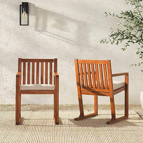 Walker Edison Tahnee Modern Solid Wood Slat-Back Cushioned Patio Dining Chairs, Set of 2, Brown