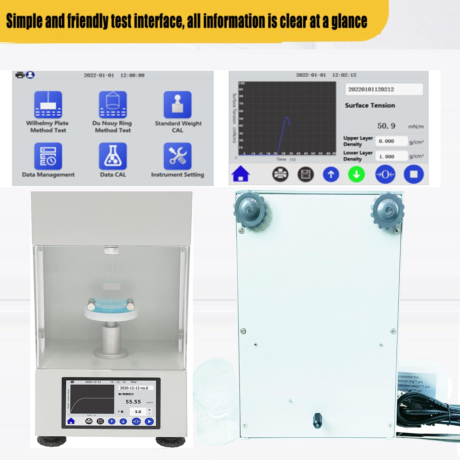 VTSYIQI Surface Tension Meter Interfacial Tensiometer With Range 0 to 1000 mN/m Accuracy 0.1mN/m Pt Board For Food Oil Paint Test 4.3 inch Touch Screen