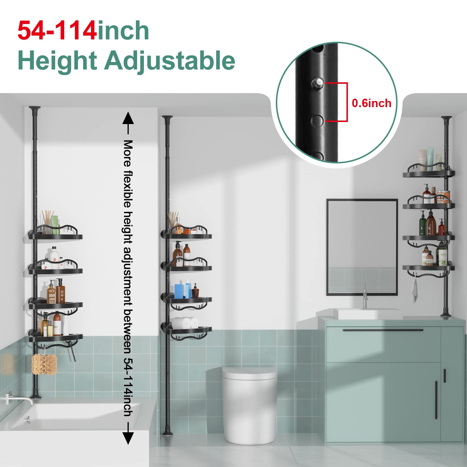 COCONUT Shower Caddy Tension Pole, 54-114 Inch Rustproof Corner Shower Caddy 4 Tier Adjustable Plastic Shelves for Bathtub Drill Free Shower Organizer Quick Installation Bathroom Storage Rack