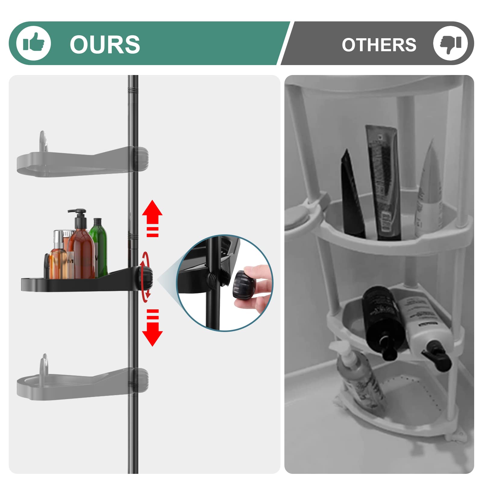 COCONUT Shower Caddy Tension Pole, 54-114 Inch Rustproof Corner Shower Caddy 4 Tier Adjustable Plastic Shelves for Bathtub Drill Free Shower Organizer Quick Installation Bathroom Storage Rack