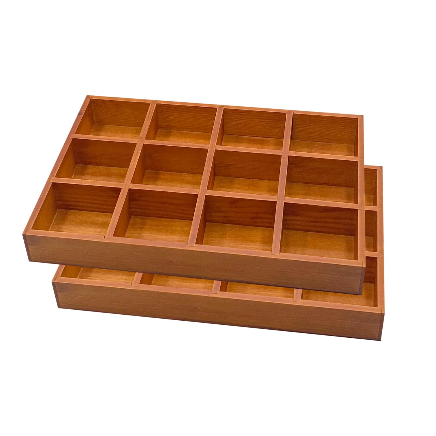 2 Pack Wooden Sorting Tray Grid Display Wood Divided Organizer Brown Finished Section Box (12 Compartments,12.9 x 9.1 x 1.55 Inch Each Tray)