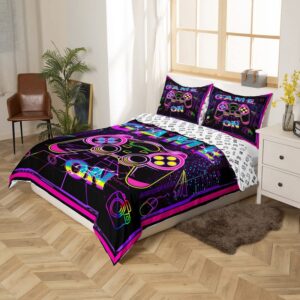 Gaming Bedding Set Gamer Neon Purple Pink Comforter Cover for Kids Boys Girls Hippie Graffiti Game Room Decor Duvet Cover Breathable Modern Gamepad Bedspread Cover Room Decor Bedclothes Full Size