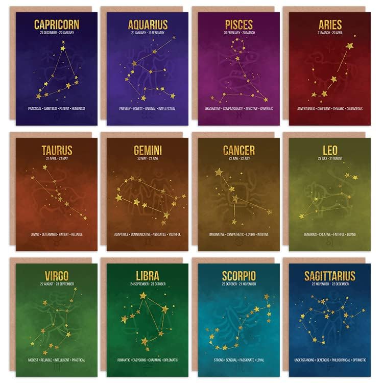 Wee Blue Coo Zodiac Birthday Cards Astrology Star Signs Constellation Blank Greeting Cards With Envelopes Pack of 12