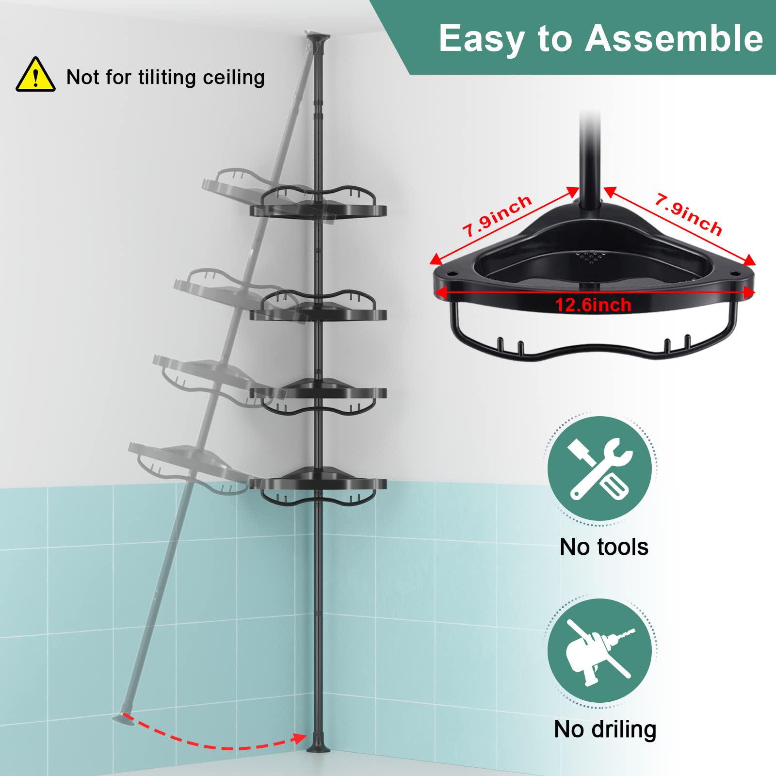 COCONUT Shower Caddy Tension Pole, 54-114 Inch Rustproof Corner Shower Caddy 4 Tier Adjustable Plastic Shelves for Bathtub Drill Free Shower Organizer Quick Installation Bathroom Storage Rack