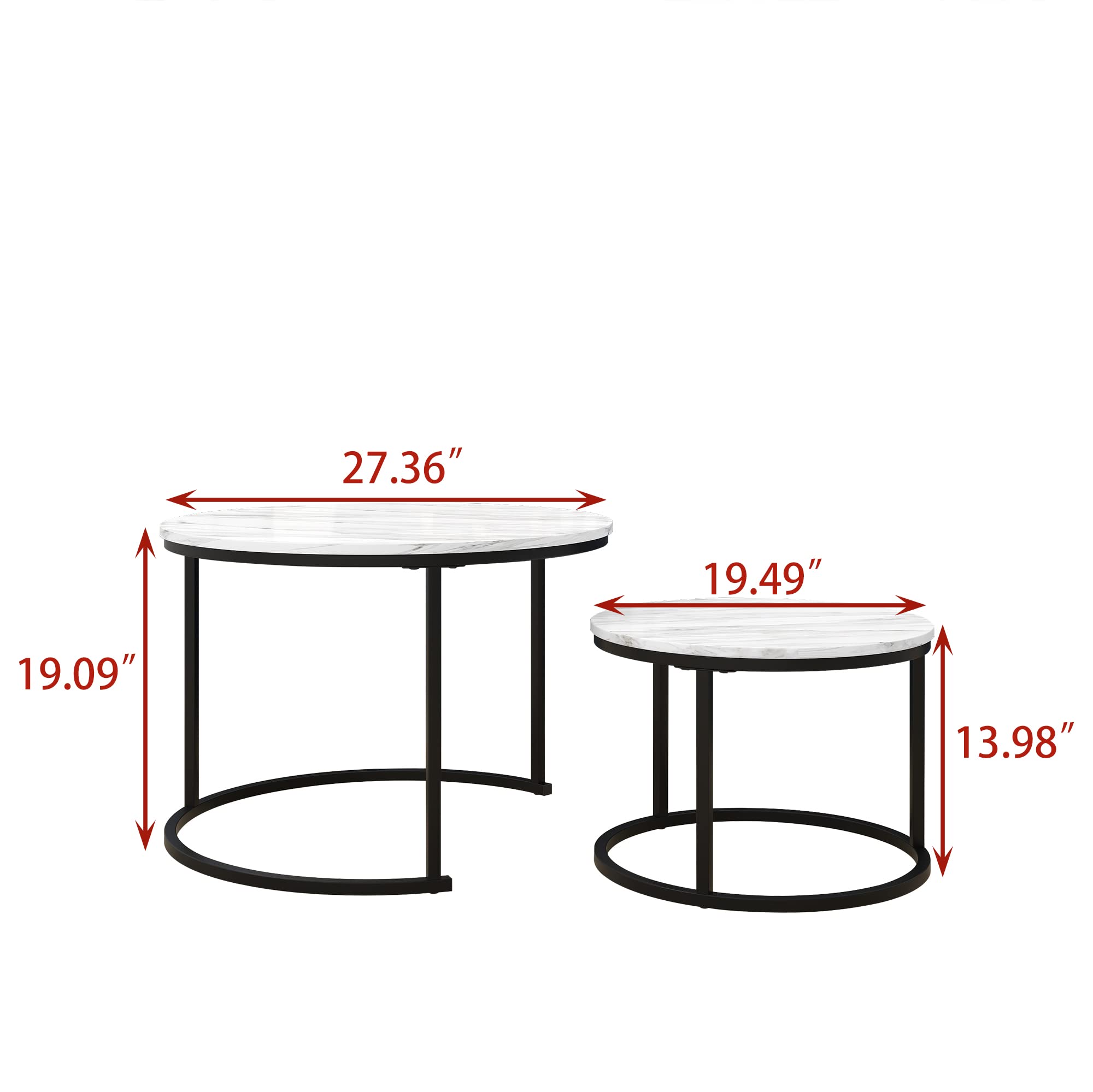 HOJINLINERO Nesting Round Coffee Table Set of 2 End Tables for Living Room,Circular and Marble Coffee Table Wooden Accent Furniture with Metal Frame,Stacking Side Tables,Black