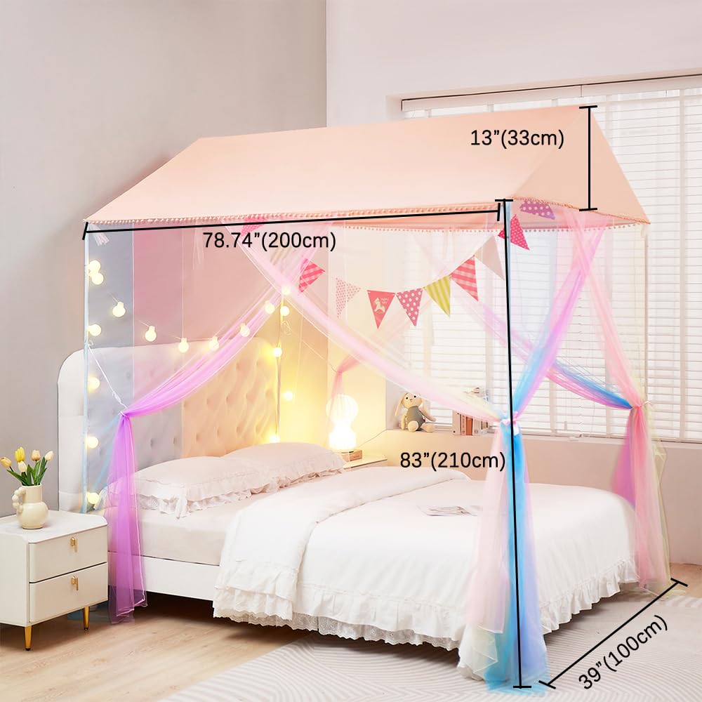 Akiky Girls Bed Canopy Large Playhouse with Pompom Princess Castle Indoor&Outdoor Play Tent for Kids-Not Include Bed Poles(Twin,Pink)