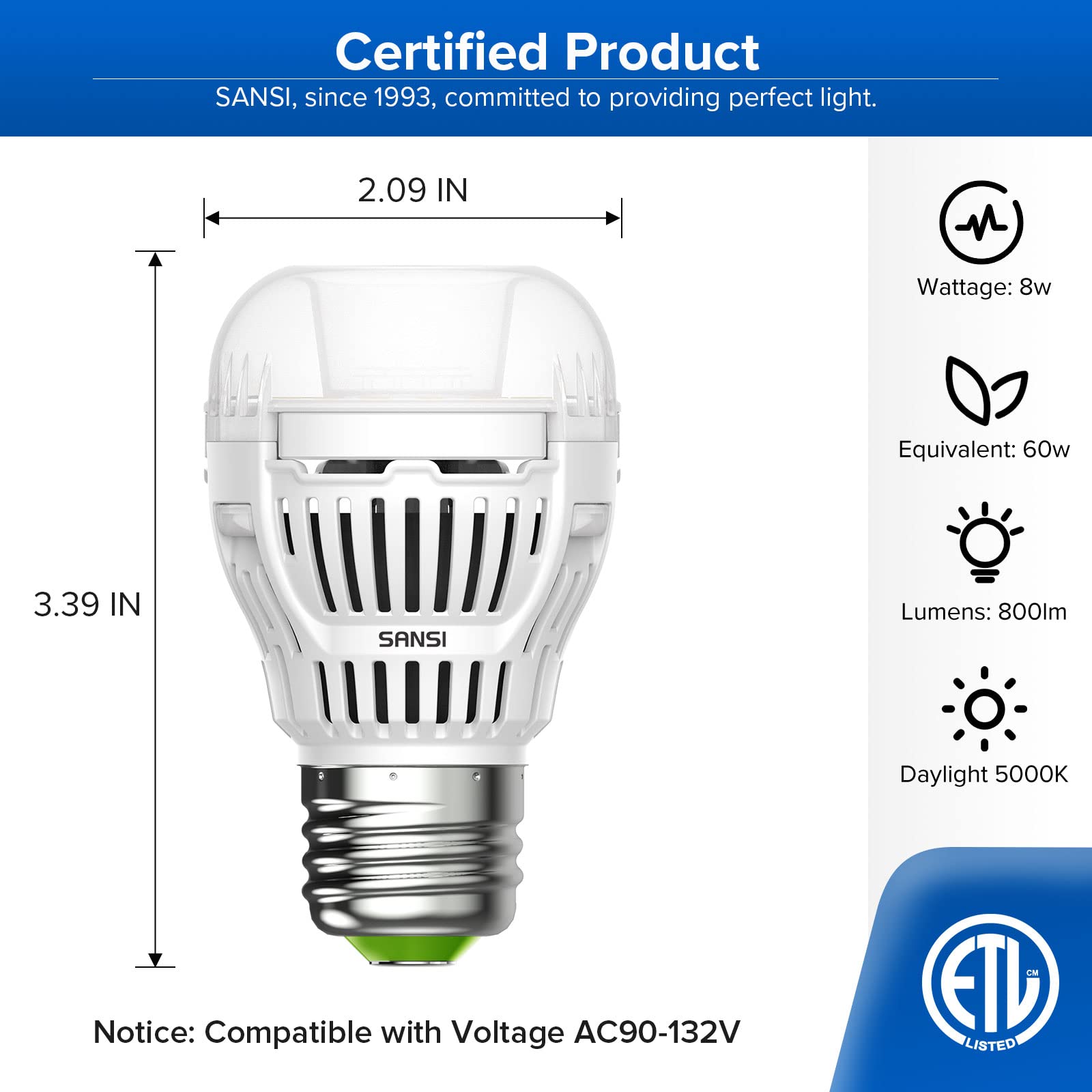 SANSI Dusk to Dawn Led Outdoor Light Bulb 1 Pack A15, 60 Watt Equivalent, Energy Efficient 8W, 5000K Daylight 800 lm Outdoor Light Bulbs, E26 Standard Base Dusk to Dawn Light Bulbs for Garage Porch