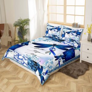 Feelyou Dragonfly Duvet Cover Set Blue Roses Printed Comforter Cover for Women Adults Retro Patchwork Design Bedding Set 1 Duvet Cover & 2 Pillowcases Queen Size