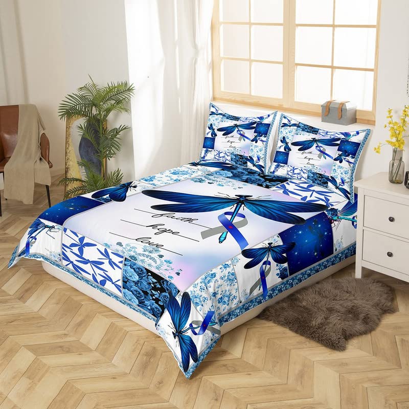 Feelyou Dragonfly Duvet Cover Set Blue Roses Printed Comforter Cover for Women Adults Retro Patchwork Design Bedding Set 1 Duvet Cover & 2 Pillowcases Queen Size