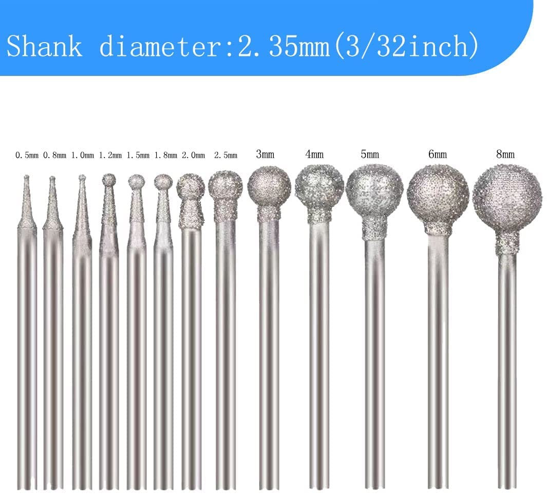 Luo ke 13 Pcs Ball Shape Diamond Burr - 3/32'' Shank Diamond Ball Burs Stone Carving Bits for Dremel Rotary Tool