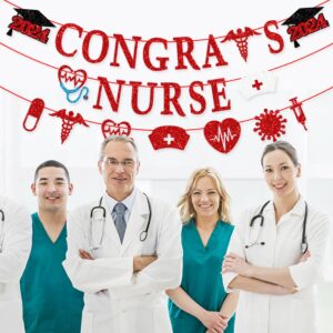 Nurse Graduation Party Decoration,2024 Glitter Red Nurses' Day Congrats Nurse Banner Nurses & Doctors Theme Garland Cake Cupcake Toppers for Nurses Week Nurses Day RN Graduation Party Supplies