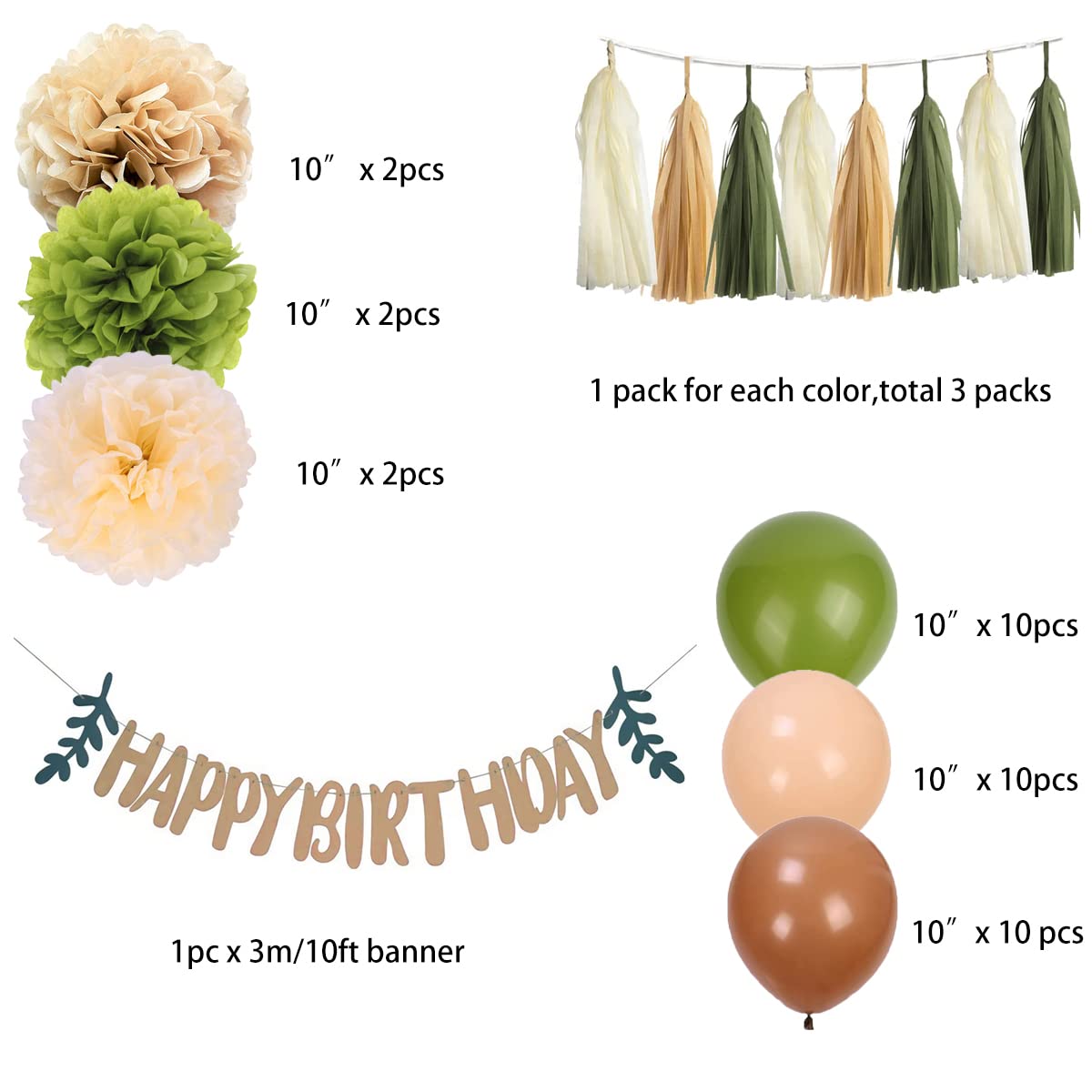 40Pcs Olive Green Tan Brown Cream Balloon Tissue Paper Pom Poms and Tassels Happy Birthday Banner for Eucalyptus Greenery Baby Shower Woodland Jungle Neutral Theme Party Decor