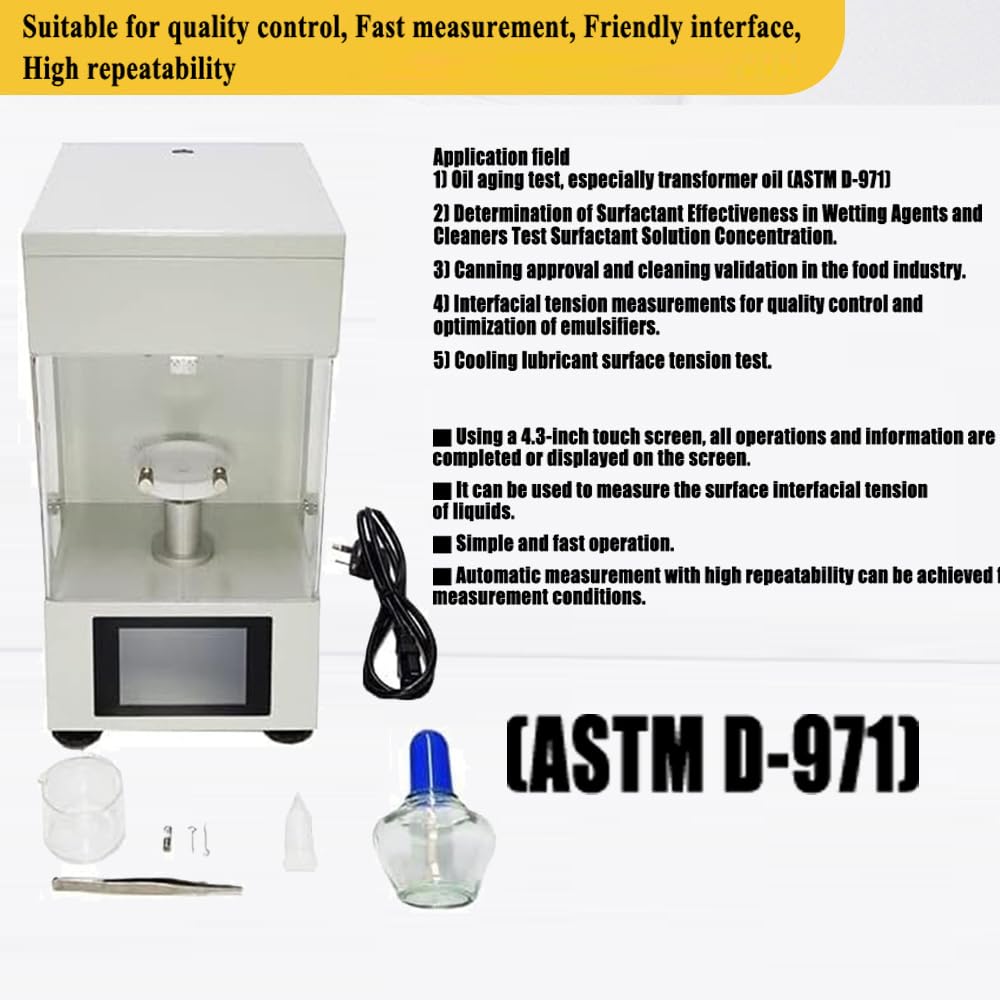 VTSYIQI Surface Tension Meter Interfacial Tensiometer With Range 0 to 1000 mN/m Accuracy 0.1mN/m Pt Board For Food Oil Paint Test 4.3 inch Touch Screen