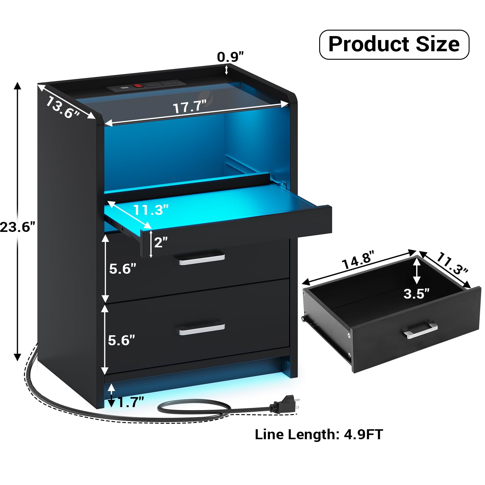 AOGLLATI LED Nightstand with Charging Station, Night Stand with Pull-Out Tray, 2 Drawers, Bedside Table with LED Lights, Modern End Table with USB Ports Outlets, Black