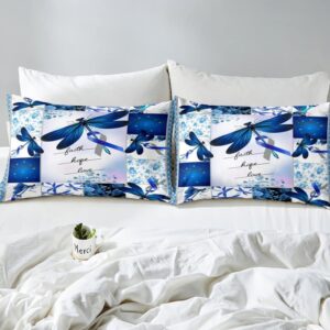 Feelyou Dragonfly Duvet Cover Set Blue Roses Printed Comforter Cover for Women Adults Retro Patchwork Design Bedding Set 1 Duvet Cover & 2 Pillowcases Queen Size