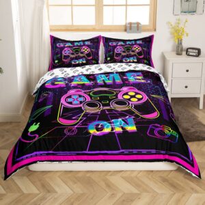 Gaming Bedding Set Gamer Neon Purple Pink Comforter Cover for Kids Boys Girls Hippie Graffiti Game Room Decor Duvet Cover Breathable Modern Gamepad Bedspread Cover Room Decor Bedclothes Full Size