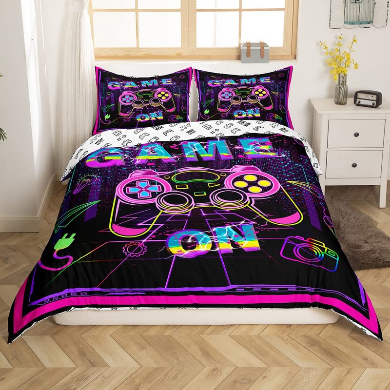 Gaming Bedding Set Gamer Neon Purple Pink Comforter Cover for Kids Boys Girls Hippie Graffiti Game Room Decor Duvet Cover Breathable Modern Gamepad Bedspread Cover Room Decor Bedclothes Full Size