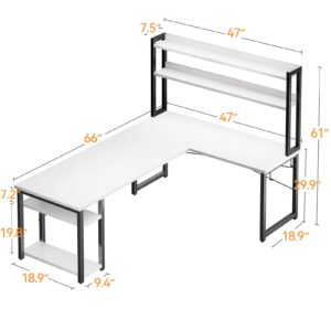 ODK L Shaped Gaming Desk with Hutch, Computer Desk with Storage Shelves, 66" L Shaped Desk for Home Office, Corner Desk with Headphone Hook, White