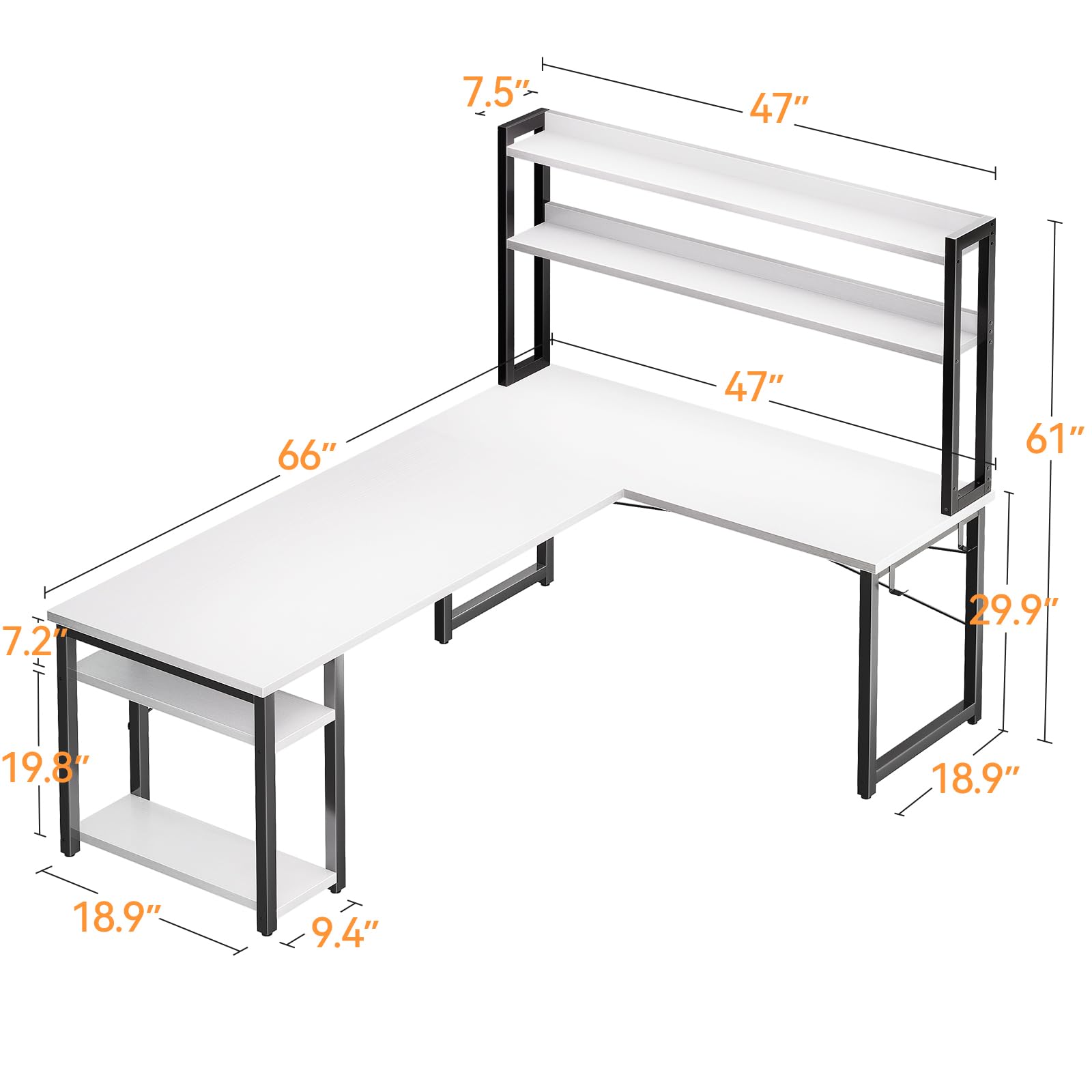 ODK L Shaped Gaming Desk with Hutch, Computer Desk with Storage Shelves, 66" L Shaped Desk for Home Office, Corner Desk with Headphone Hook, White