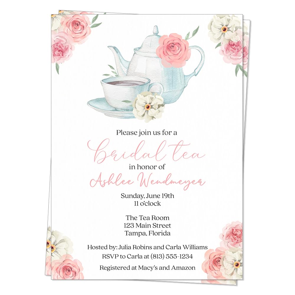 Bridal Shower Invitations Wedding Tea Party Invites Pink English British High Tea Cup Floral Flowers Cake Cookies Brunch Luncheon Customized Printed Cards (12 Count)