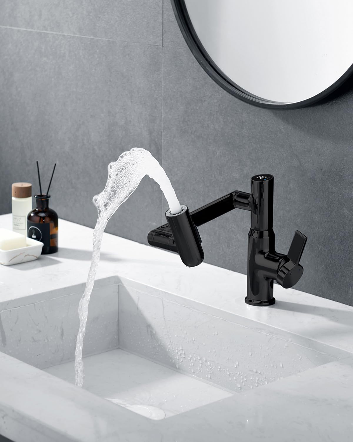 Lefton Rotatable Bathroom Faucet with Temperature Display in Fahrenheit (Batteries-Free), 3 Water Outlet Modes, Matte Black, BF2204-3