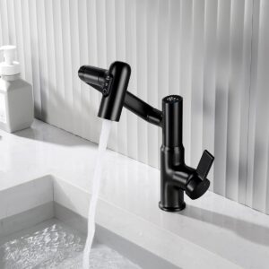 Lefton Rotatable Bathroom Faucet with Temperature Display in Fahrenheit (Batteries-Free), 3 Water Outlet Modes, Matte Black, BF2204-3