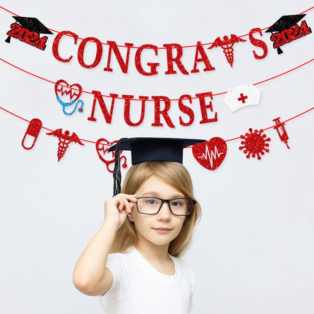 Nurse Graduation Party Decoration,2024 Glitter Red Nurses' Day Congrats Nurse Banner Nurses & Doctors Theme Garland Cake Cupcake Toppers for Nurses Week Nurses Day RN Graduation Party Supplies