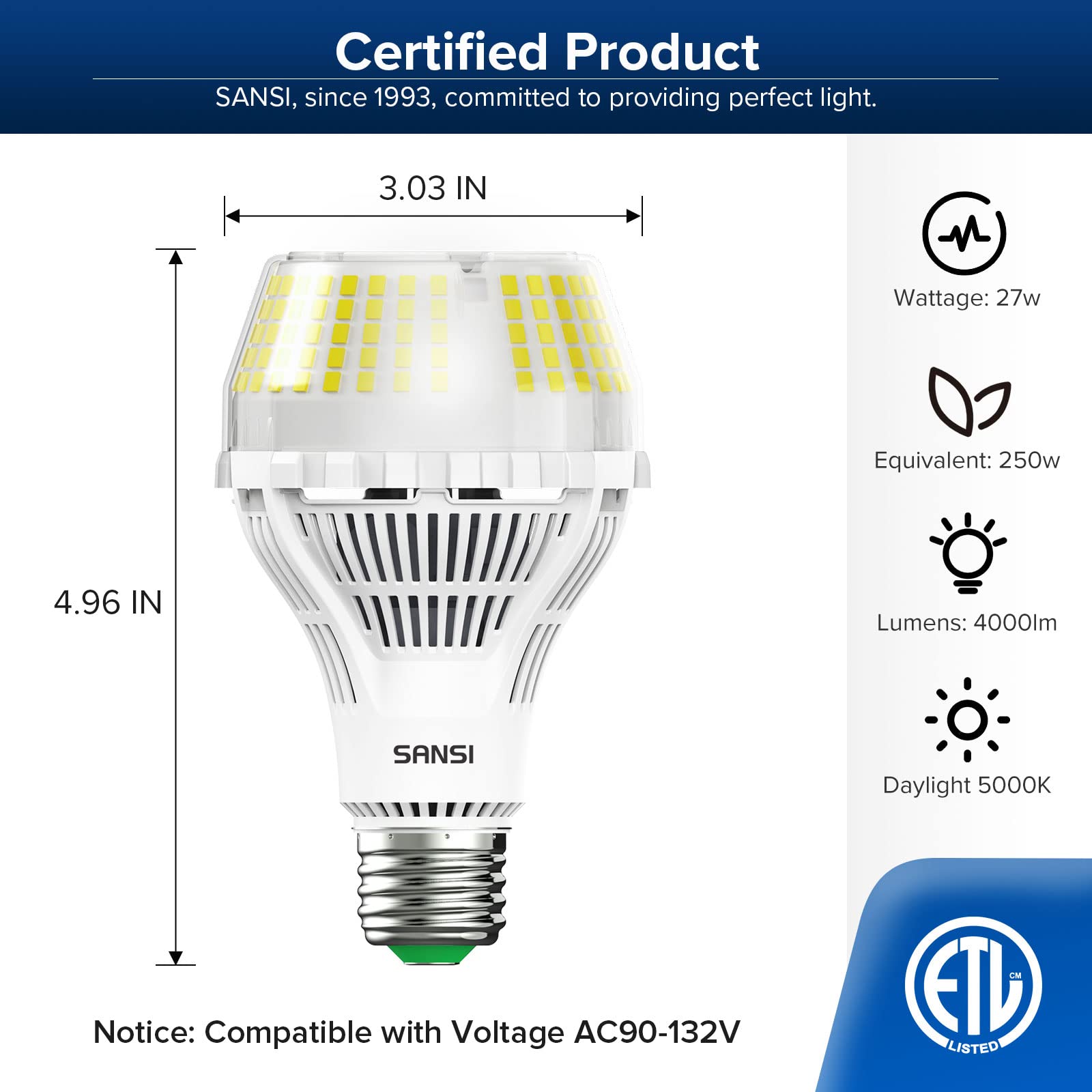 SANSI Dimmable LED Light Bulb 250 Watt Equivalent, 5000K Daylight White 4000 Lumens A21 E26 Bright LED Bulbs, 2 Pack, 22-Year Lifetime, 27W Power Energy Saving Light Bulb for Home Office