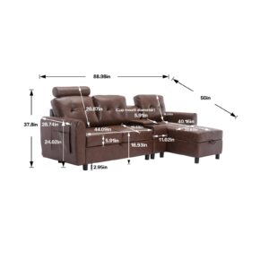 KINFFICT Modern PU Leather Sectional Sofa with Chaise, Comfy 3 Seat Sectional Couch with Storage, Cup Holders, and Comfy Headrest, L Shaped Couch Furniture Set for Living Room, Brown