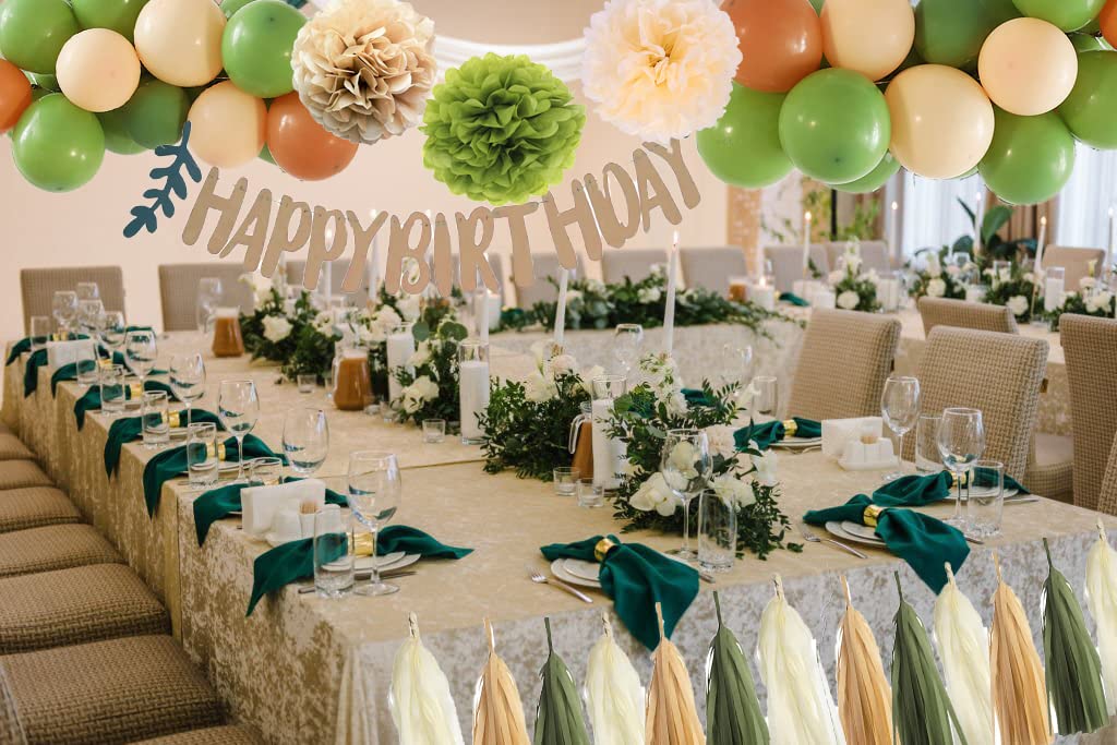 40Pcs Olive Green Tan Brown Cream Balloon Tissue Paper Pom Poms and Tassels Happy Birthday Banner for Eucalyptus Greenery Baby Shower Woodland Jungle Neutral Theme Party Decor