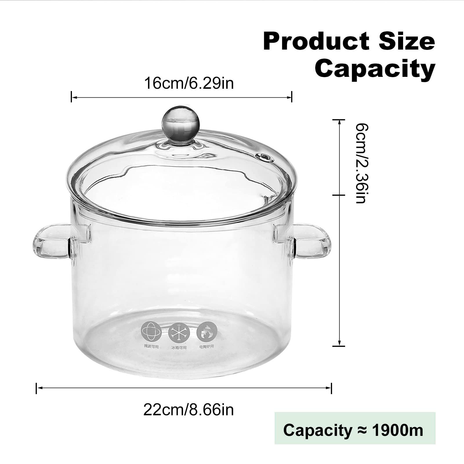 Hoypeyfiy Glass Saucepan with Cover, Transparency Stovetop Pot,Dual Handles Pan with Lid for Pasta Noodle, Soup, Milk, Baby Food making or heating 1.35L/1.9L (1.9L)