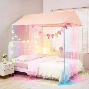 Akiky Girls Bed Canopy Large Playhouse with Pompom Princess Castle Indoor&Outdoor Play Tent for Kids-Not Include Bed Poles(Twin,Pink)