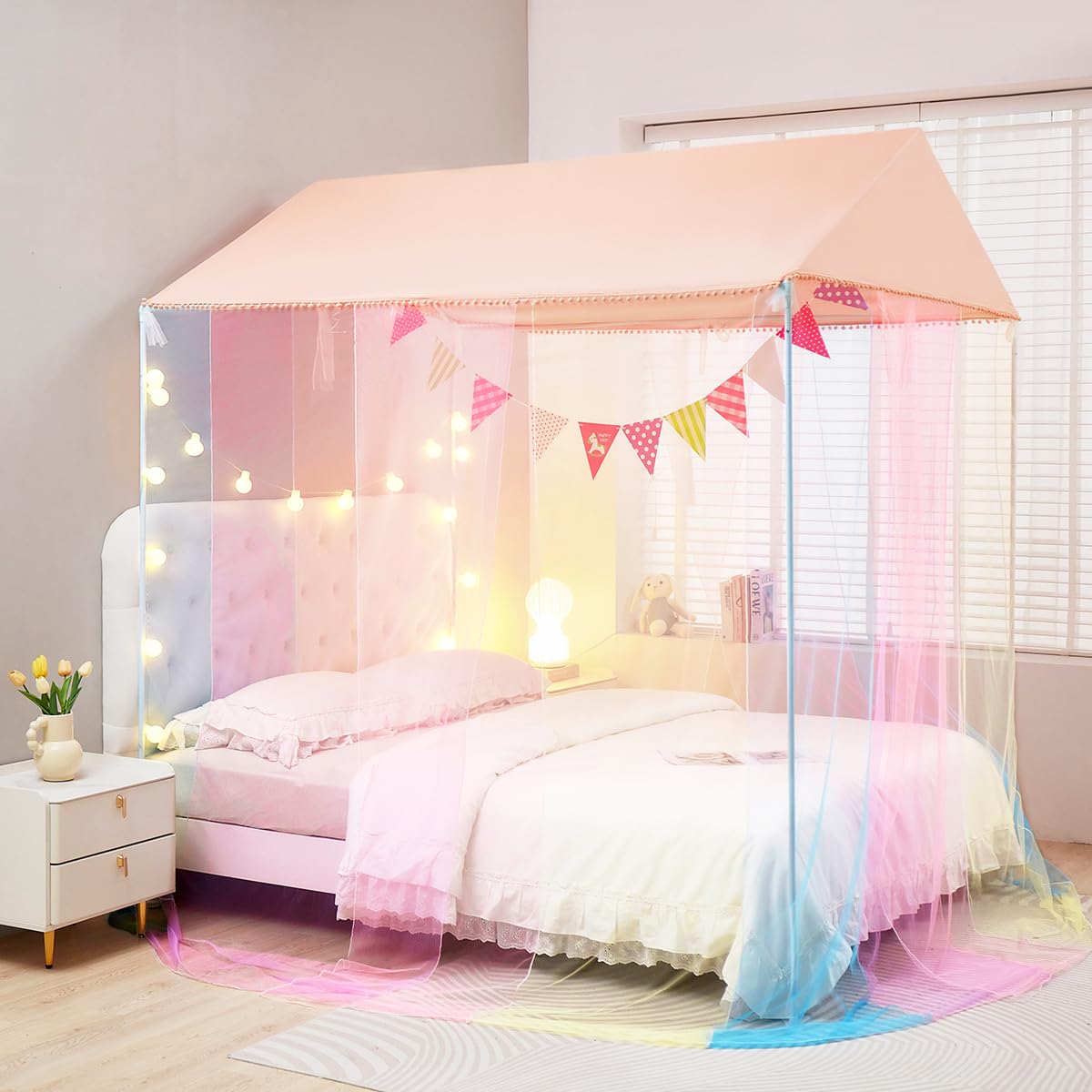 Akiky Girls Bed Canopy Large Playhouse with Pompom Princess Castle Indoor&Outdoor Play Tent for Kids-Not Include Bed Poles(Twin,Pink)