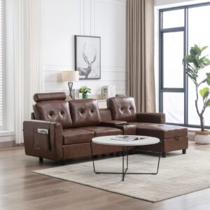 KINFFICT Modern PU Leather Sectional Sofa with Chaise, Comfy 3 Seat Sectional Couch with Storage, Cup Holders, and Comfy Headrest, L Shaped Couch Furniture Set for Living Room, Brown